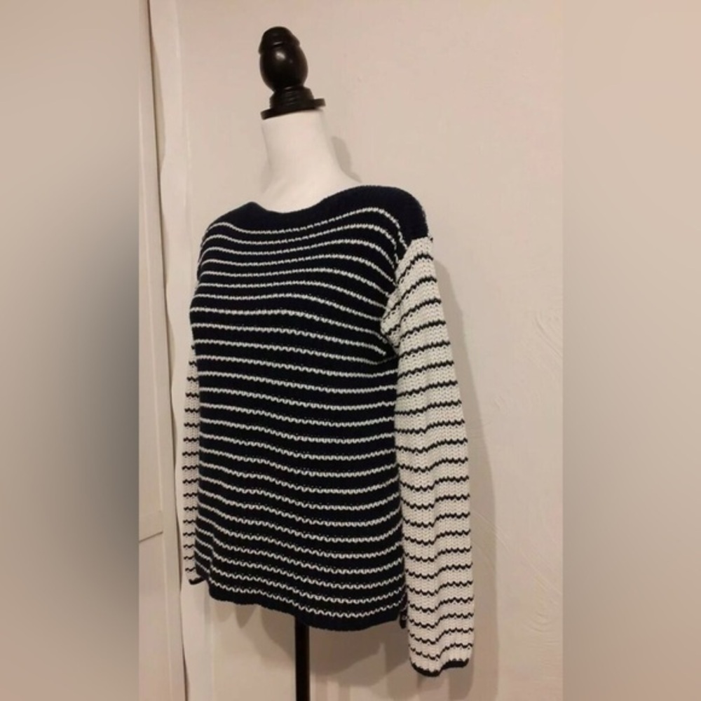 M&S Collection Navy White Striped Chunky 100% Cotton Sweater Size Small